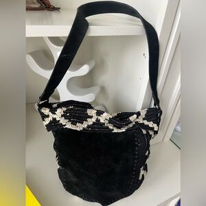 ANTHROPOLOGIE JASPER & JEERA Bohemian Crochet Leather Black Dauphine Hobo Purse